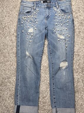 Kut from the Kloth Reese Ankle Straight Leg Pearl Distressed Jeans 6 Blue